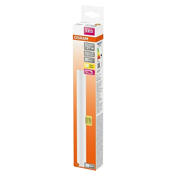 Osram Linienlampe LEDinestra - Länge: 300 mm, Warmweiß, 6 W, 250 lm, S14d - Abbildung einer Osram LED-Röhre in ihrer Verpackung. Die Röhre ist weiß und schlank. Die Verpackung ist orange, mit Produktinformationen.