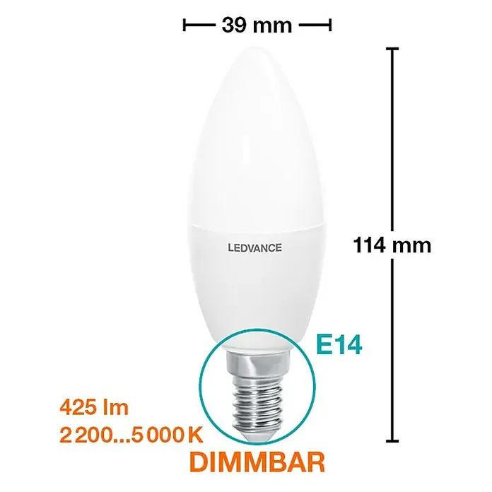 Ledvance SUN@Home Smart-LED-Lampe Smart+ WIFI - E14, Dimmbar, Neutralweiß, 425 lm, 4,9 W - LEDVANCE E14 LED-Lampe: Dimmbar, 425 Lumen, Farbtemperatur 2200-5000K, Abmessungen: 39 mm Durchmesser, 114 mm Höhe.