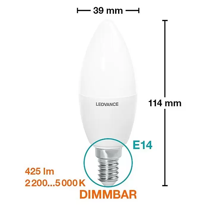 Ledvance SUN@Home Smart-LED-Lampe Smart+ WIFIE14, Dimmbar, Neutralweiß, 425 lm, 4,9 W