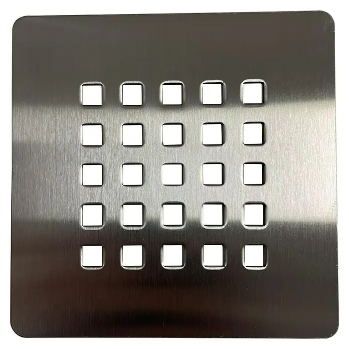Plato de ducha Terra con marco - L x An: 80 x 120 cm, Cemento - Tapa de desagüe de suelo cuadrada de acero inoxidable con una rejilla de aberturas cuadradas para un drenaje eficiente.