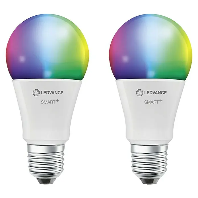 Ledvance Smart-LED-Lampen Set - E27, Dimmbar, RGBW, 806 lm, 9 W - Zwei LEDVANCE SMART+ Lampen mit mehrfarbigem Licht. Diese intelligenten Glühbirnen ermöglichen eine individuelle Beleuchtung für Ihr Zuhause.