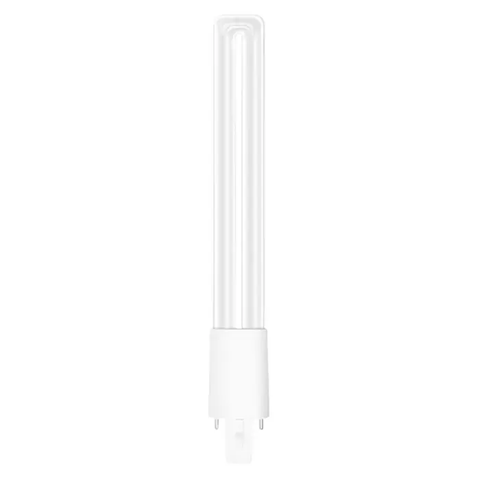 Osram Dulux S LED-Lampe - G23, Nicht Dimmbar, Kaltweiß, 700 lm, 6 W - Das Bild zeigt eine stehende, weiße Kompaktleuchtstofflampe mit zwei Röhren und einem Sockel mit Stiften zur Befestigung.