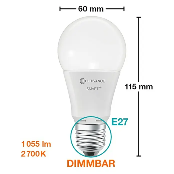 Ledvance Smart+ WiFi Smart-LED-Lampe Classic - E27, Warmweiß, 1.055 lm, 9,5 W, Farbtemperatur einstellbar: Nein - Produktabbildung einer LEDVANCE SMART+ E27 LED-Lampe, dimmbar, mit Angaben zu Größe, Lumen und Farbtemperatur.