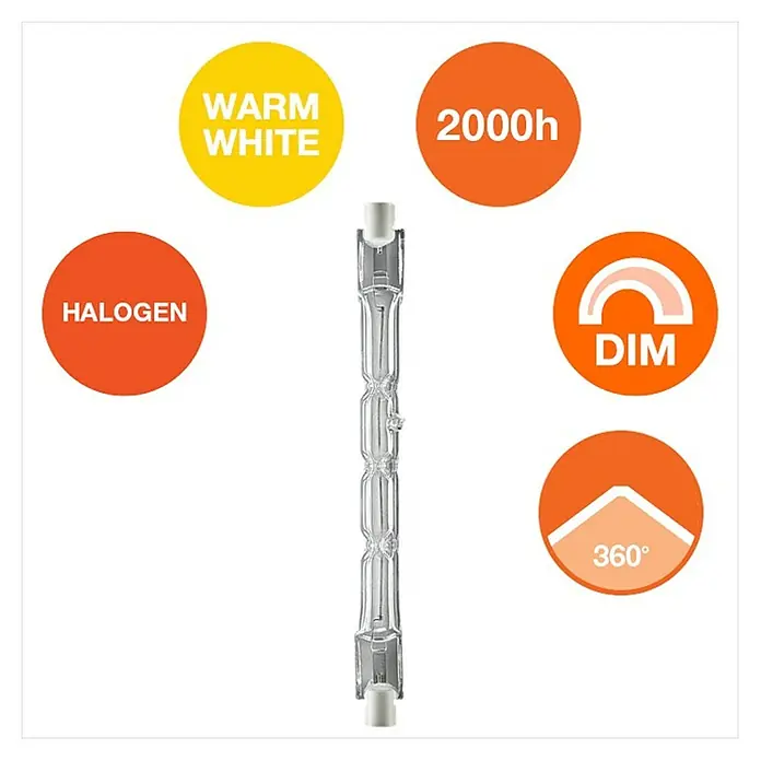 Osram Haloline Halogenstab Haloline ECO - 120 W, R7s, Warmweiß, Länge: 118 mm - Nahaufnahme einer Halogenlampe mit technischen Daten, wie warmweißes Licht, 2000 Stunden Lebensdauer, Dimmbarkeit und 360°-Abstrahlung.