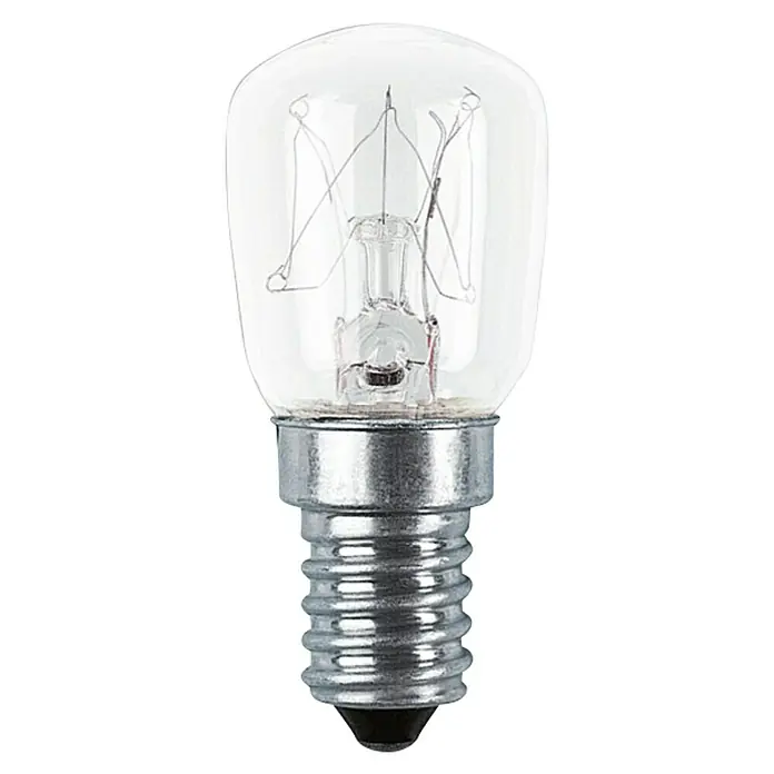 Osram Glühlampe Special T/Fridge - 25 W, E14, Matt - Nahaufnahme einer klaren Glühbirne mit silbernem Sockel. Ideal für Küchengeräte, bietet sie eine helle und zuverlässige Beleuchtung.