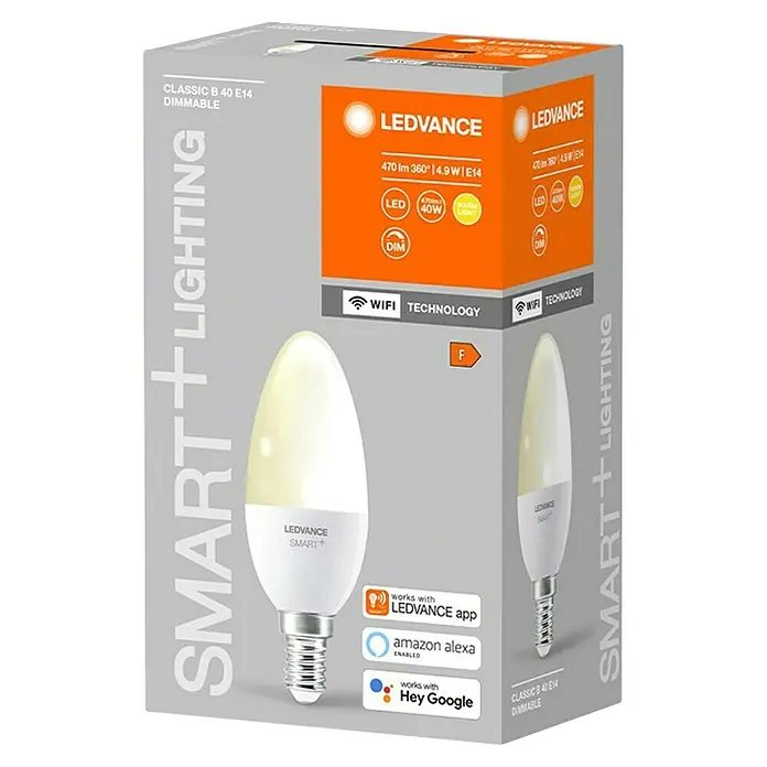 Ledvance Smart+ WiFi Smart-LED-Lampe Candle - E14, Dimmbar, Warmweiß, 470 lm, 5 W, Farbtemperatur einstellbar: Nein - Eine LEDVANCE SMART+ LED Lampe, dimmbar, mit E14 Sockel und der Energieeffizienzklasse F. Kompatibel mit Apps und Sprachassistenten.