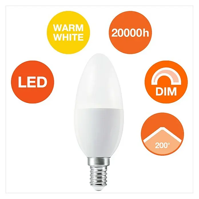 Ledvance Smart+ WiFi Smart-LED-Lampe Candle - E14, Dimmbar, Warmweiß, 470 lm, 5 W, Farbtemperatur einstellbar: Nein - Nahaufnahme einer LED-Lampe im Kerzendesign, die warmweißes Licht ausstrahlt, dimmbar ist und eine Lebensdauer von 20.000 Stunden hat.