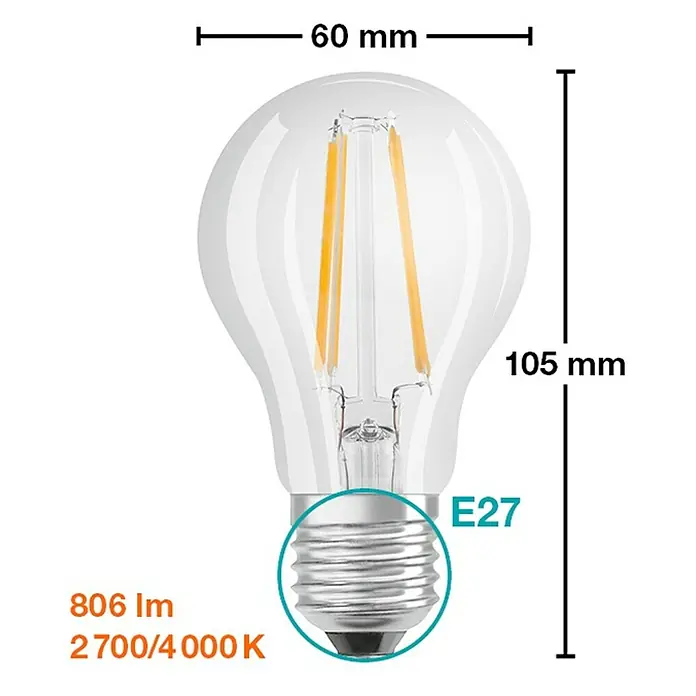 Osram LED-Lampe Glühlampenform E27 klar - E27, Nicht Dimmbar, Warmweiß, 806 lm, 7 W - Bild einer LED-Glühbirne E27 mit technischen Daten wie 806 lm, 2700/4000 K, 60 mm Durchmesser und 105 mm Höhe.