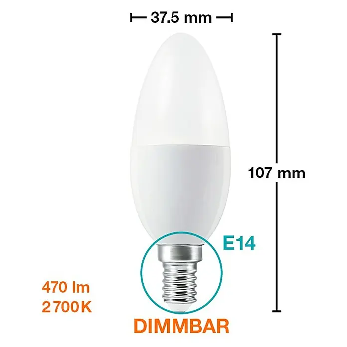 Ledvance Smart+ WiFi Smart-LED-Lampe Candle - E14, Dimmbar, Warmweiß, 470 lm, 5 W, Farbtemperatur einstellbar: Nein - Abbildung einer E14 LED-Lampe, dimmbar, mit 470 Lumen und 2700K, Abmessungen: 37,5 mm breit und 107 mm hoch.