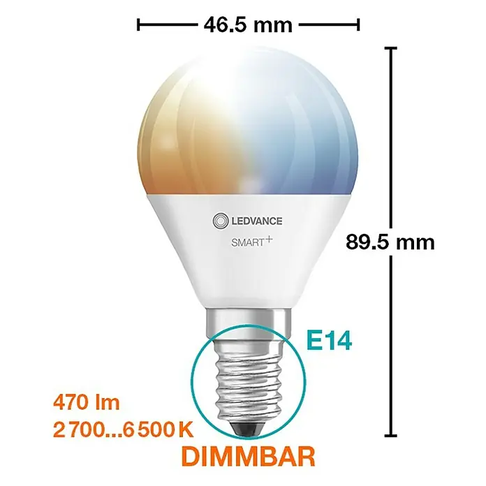 Ledvance Smart+ WiFi Smart-LED-Lampe Mini Bulb - E14, Dimmbar, Neutralweiß, 470 lm, 5 W, Farbtemperatur einstellbar: Stufen - Abbildung einer LEDVANCE SMART+ E14 LED-Lampe, die ihre Abmessungen (46,5 mm x 89,5 mm), 470 lm und Farbtemperatur (2700–6500 K) zeigt. Sie ist dimmbar.
