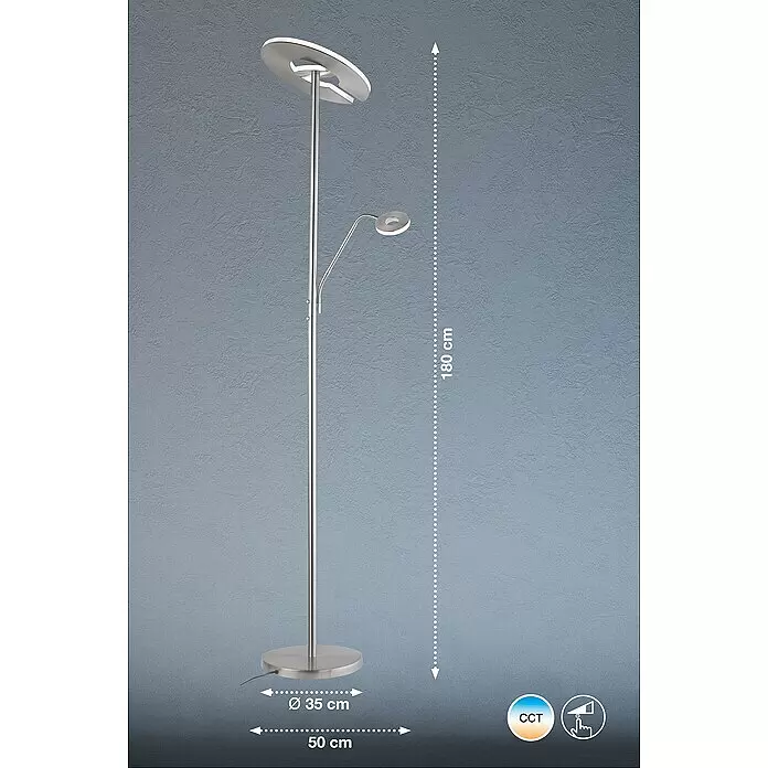 Fischer & Honsel Dent LED-Stehleuchte - 45 W, Höhe: 180 cm, Nickel, Mehrfarbig, 2 Stk. - Moderne LED-Stehleuchte aus gebürstetem Silber mit Uplight und flexiblem Leseleuchtarm, CCT und Touch-Steuerung.