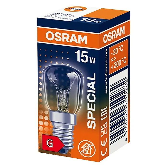 Osram Glühlampe Special T - 15 W, E14, Klar - Produktbild einer Osram Spezial 15W Glühbirne in einer blauen und orangefarbenen Verpackung.