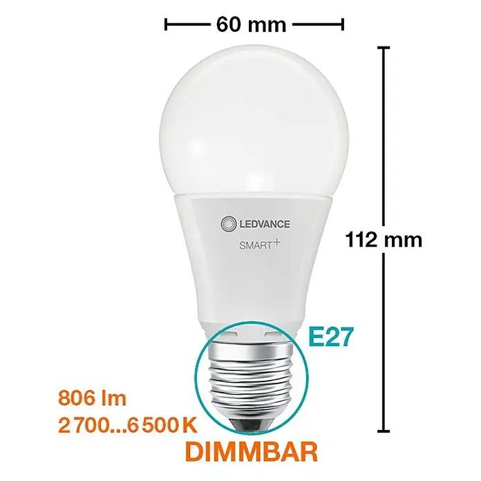 Ledvance Smart+ WiFi Smart-LED-Lampe Classic - E27, Dimmbar, Neutralweiß, 806 lm, 9 W, Farbtemperatur einstellbar: Stufen - Eine LEDVANCE SMART+ E27 LED-Lampe, dimmbar, mit 806 Lumen und einer Farbtemperatur von 2700 bis 6500 Kelvin.