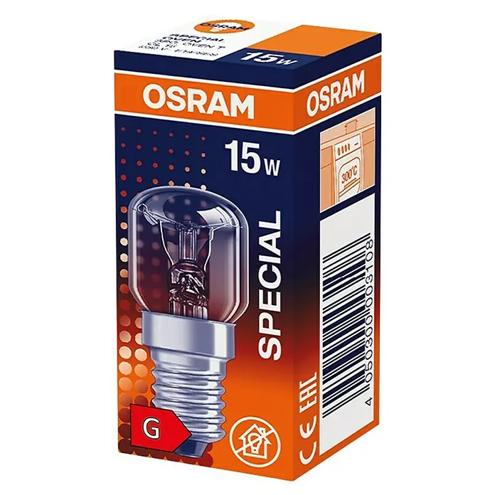 Osram Ofenlampe Special Oven P - 15 W, E14, Temperaturbeständig bis: 300 °C - Abbildung einer 15-W-Speziallampe von Osram, die in ihrer Verpackung präsentiert wird. Die Glühbirne ist für den Einsatz in Öfen konzipiert.