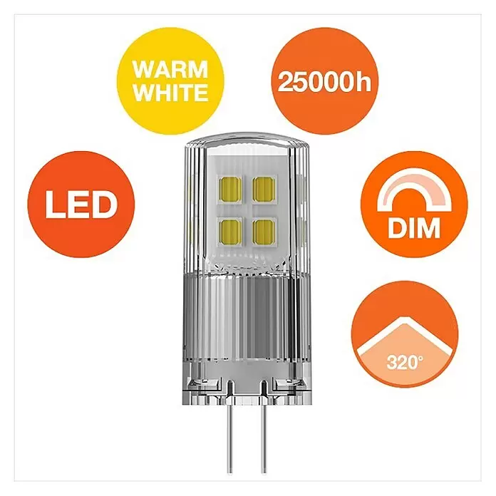 Osram LED-Lampe Pin G4 MR16 - G4, Dimmbar, Warmweiß, 200 lm, 2 W - Klare LED G9 Birne mit vier gelben Chips und Metallstiften.