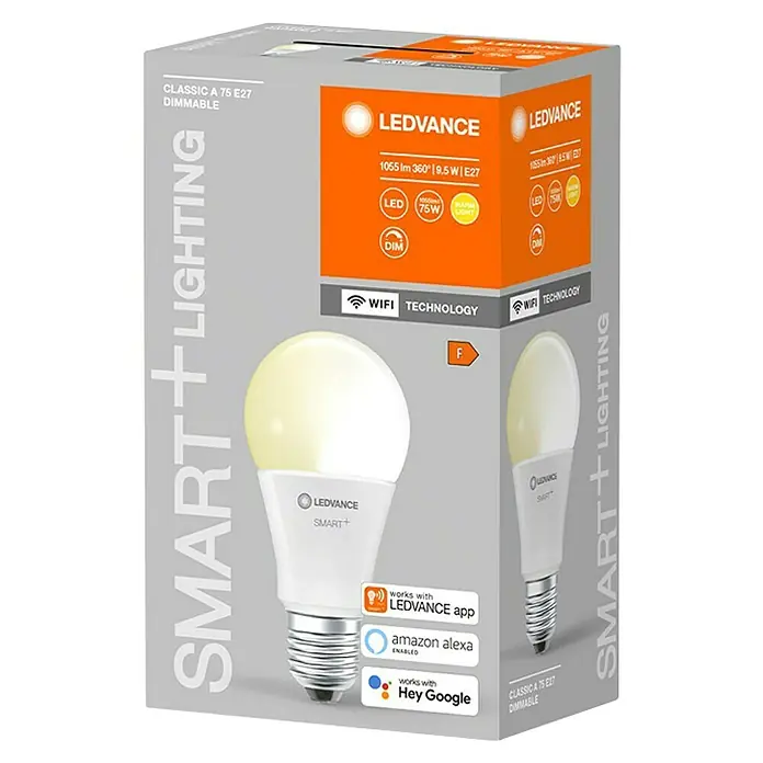 Ledvance Smart+ WiFi Smart-LED-Lampe Classic - E27, Warmweiß, 1.055 lm, 9,5 W, Farbtemperatur einstellbar: Nein - Eine LEDVANCE SMART+ Classic A 75 E27 Dimmbare Glühbirne in der Verpackung. Intelligente Beleuchtung für Ihr Zuhause.