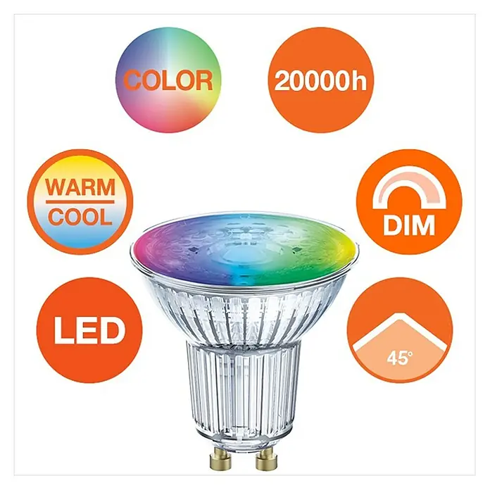 Osram Smart-LED-Lampe Spot - GU10, Dimmbar, RGBW, 350 lm, 5 W - Bild einer farbwechselnden LED-Lampe mit verschiedenen Funktionen, wie Dimmbarkeit und warmer/kalter Farbtemperatur.