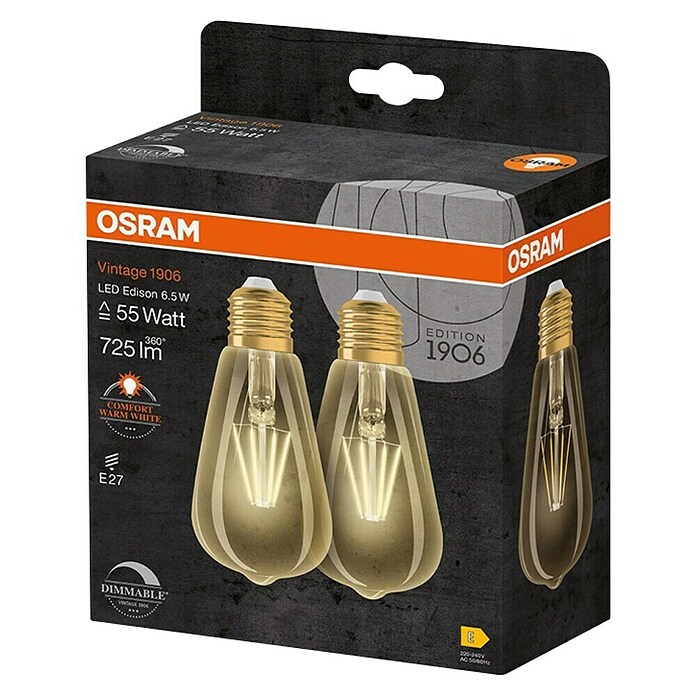 Osram LED-Lampen Set Vintage Edition 1906 Birnenform E27 2er Set (E27, Dimmbar, Warmweiß, 725 lm, 6,5 W) | BAUHAUS
