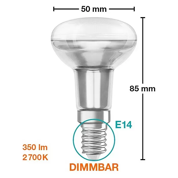 Osram Superstar Bombilla LED R50 - E14, Intensidad regulable, Blanco cálido, 345 lm, 5,9 W - Bombilla LED reflectora E14 R50, 350lm, 2700K, regulable. Base plateada, parte superior transparente, 50x85mm.