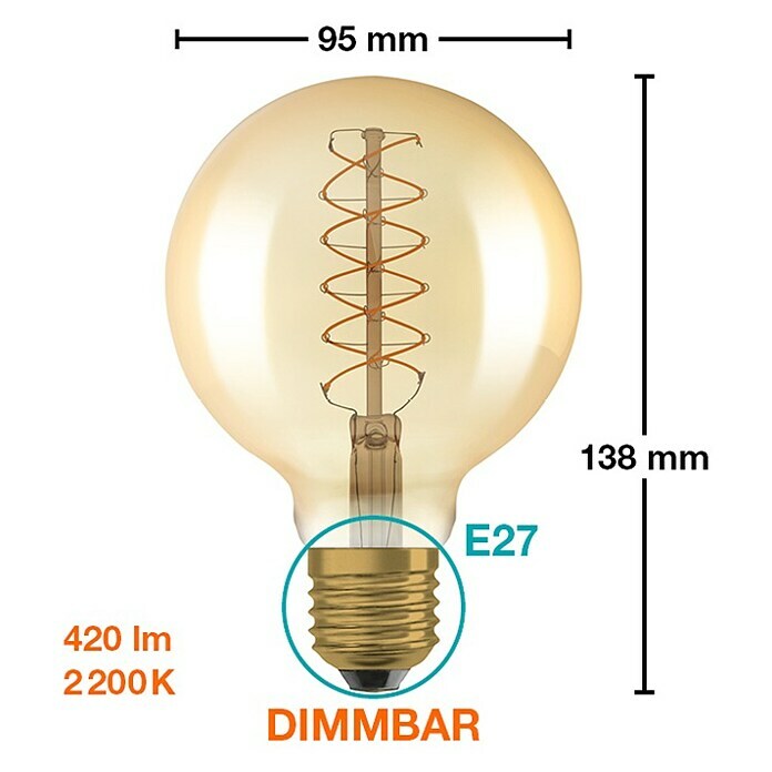 Osram LED-Lampe Vintage Edition 1906 Globe-Form E27 (Durchmesser: 9,5 cm, E27, Dimmbar, Warmweiß, 420 lm, 4,8 W) | BAUHAUS