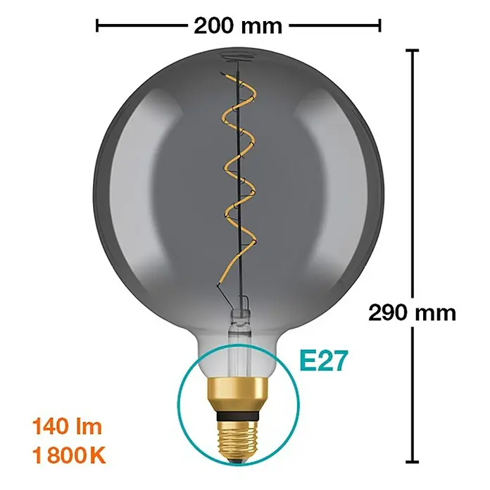 Osram Bombilla LED - E27, No regulable, Blanco cálido, 150 lm, 4 W, Color: Claro/Negro, Globo - Imagen de producto de una bombilla decorativa E27 de estilo retro con filamento en espiral y bombilla de vidrio tintado gris.