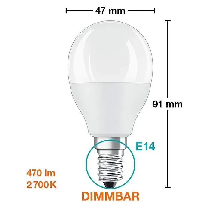 Osram Star Bombilla LED RGBW - E14, Intensidad regulable, RGBW, 470 lm, 5,5 W - Imagen de una bombilla LED E14 con dimensiones de 47 mm de diámetro y 91 mm de longitud, 470 lm, 2700 K y dimmable.