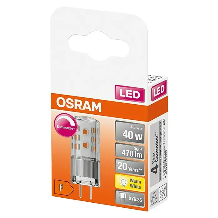 Osram Bombilla LED - GY6,35, Intensidad regulable, Blanco cálido, 470 lm, 4,5 W - Embalaje de una bombilla LED OSRAM, 4,5W, equivalente a 40W, emite luz blanca cálida, regulable y con garantía de 4 años.