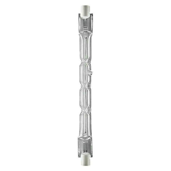 Osram Haloline Halogenstab Haloline ECO - 120 W, R7s, Warmweiß, Länge: 118 mm - Nahaufnahme einer klaren Glasbong mit komplexem Design und weißen Endstücken, die ein sauberes und modernes Aussehen verleihen.