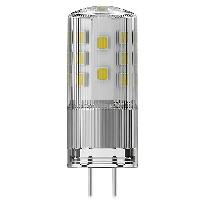 Osram Bombilla LED - GY6,35, Intensidad regulable, Blanco cálido, 470 lm, 4,5 W - Lámpara LED con carcasa transparente y base de clavijas, ideal para iluminación de bajo consumo. La lámpara emite una luz brillante y cálida y es duradera.