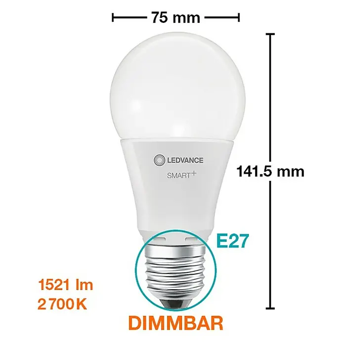 Ledvance Smart+ WiFi Smart-LED-Lampe Classic - E27, Dimmbar, Warmweiß, 1.521 lm, 14 W - Produktbild einer LEDVANCE Smart+ LED-Lampe E27, dimmbar, mit den Maßen 75 mm Durchmesser und 141,5 mm Höhe, ideal für stimmungsvolle Beleuchtung.