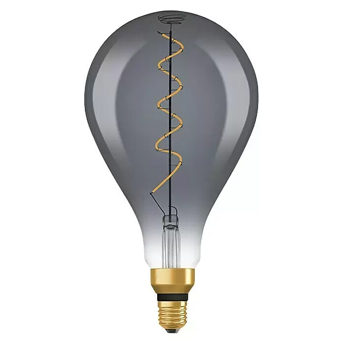 Osram Bombilla LED - E27, Intensidad regulable, Blanco cálido, 150 lm, 4 W, Color: Claro/Negro, Pera - Bombilla LED decorativa grande con cristal ahumado, filamento en espiral y base dorada.