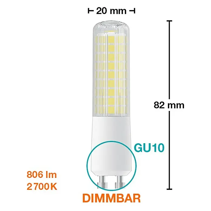Osram Bombilla LED Stick regulable - GU10, Intensidad regulable, Blanco cálido, 806 lm, 7,5 W - Imagen del producto de una lámpara LED GU10 con función de atenuación, 806 lúmenes de flujo luminoso y 2700K de temperatura de color, dimensiones 20mm de diámetro y 82mm de longitud.