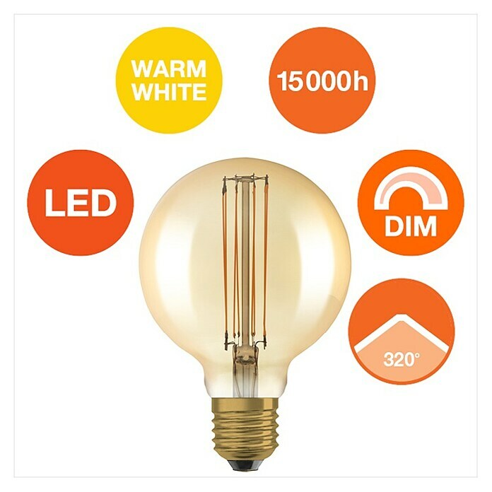 Osram LED-Lampe Vintage Edition 1906 Globe-Form E27 (Durchmesser: 9,5 cm, E27, Dimmbar, Warmweiß, 470 lm, 5,9 W) | BAUHAUS
