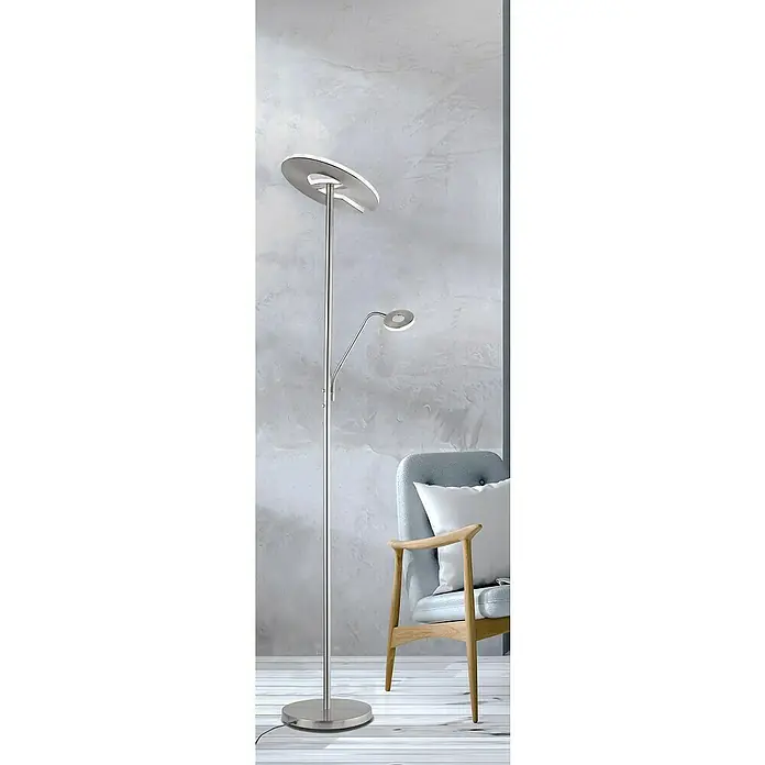 Fischer & Honsel Dent LED-Stehleuchte - 45 W, Höhe: 180 cm, Nickel, Mehrfarbig, 2 Stk. - Moderne Stehlampe mit zwei Lichtquellen und schlankem Design, ideal für stilvolle Wohnräume.