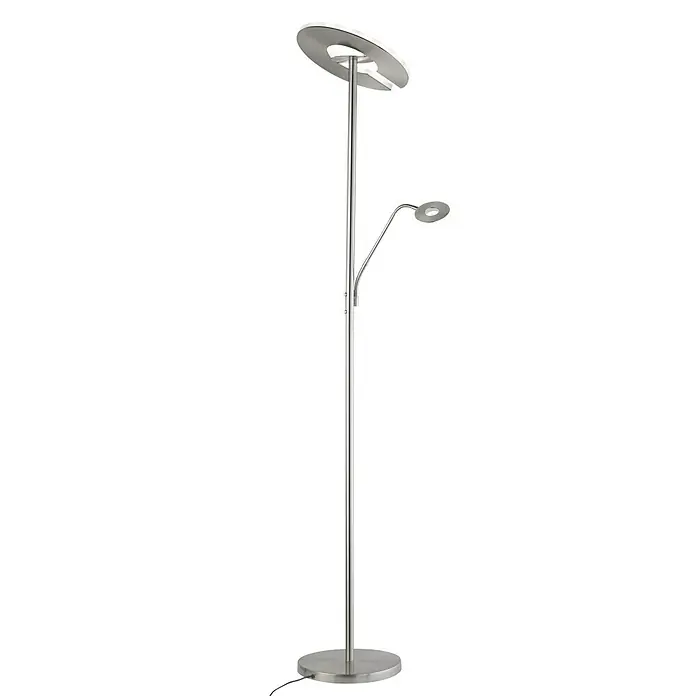 Fischer & Honsel Dent LED-Stehleuchte - 45 W, Höhe: 180 cm, Nickel, Mehrfarbig, 2 Stk. - Silberne Stehlampe mit zwei Lichtquellen, einem runden Fuß und einem großen, flachen Lampenschirm für angenehmes Licht.