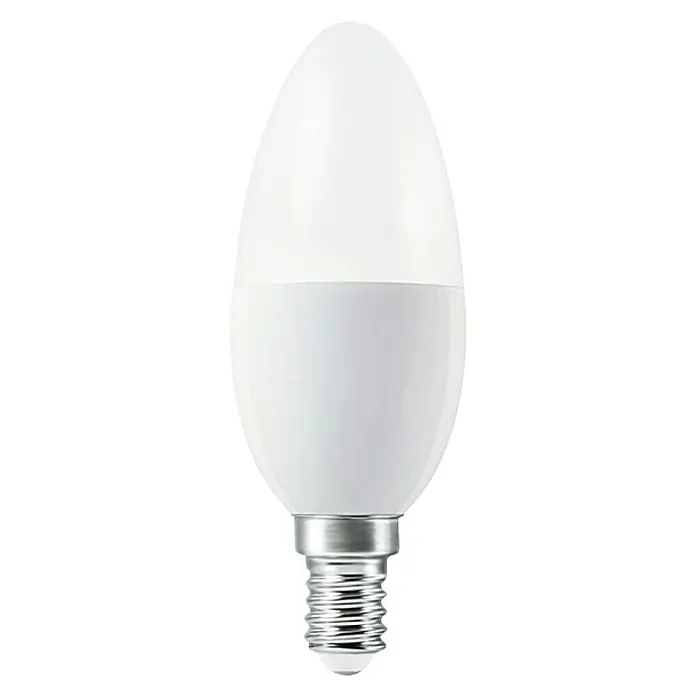 Ledvance Smart+ WiFi Smart-LED-Lampe Candle - E14, Dimmbar, Neutralweiß, 470 lm, 5 W, Farbtemperatur einstellbar: Stufen - Nahaufnahme einer E27 LED-Lampe in Kugelform, ideal für stimmungsvolle Beleuchtung und energiesparende Lösungen im Haushalt.
