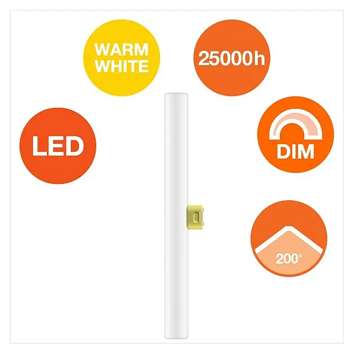 Osram Linienlampe LEDinestra - Länge: 300 mm, Warmweiß, 6 W, 250 lm, S14d - Bild einer LED-Leuchte mit den Merkmalen warmweiß, 25000h Lebensdauer, dimmbar und 200° Abstrahlwinkel.