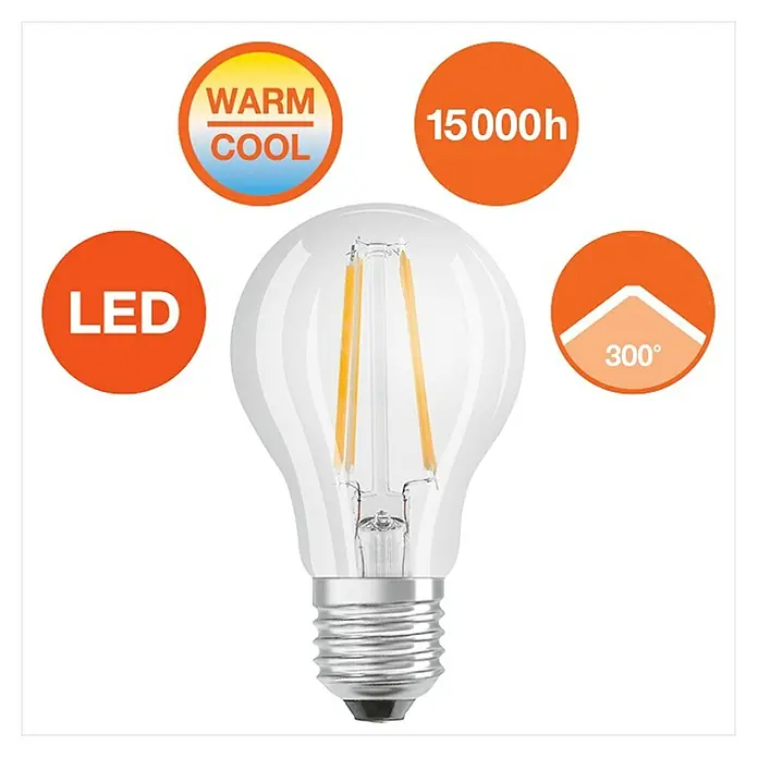 Osram LED-Lampe Glühlampenform E27 klar - E27, Nicht Dimmbar, Warmweiß, 806 lm, 7 W - LED-Glühbirne mit warmem und kühlem Licht, langer Lebensdauer (15000h) und einem Abstrahlwinkel von 300 Grad.