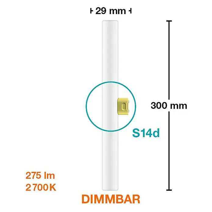 Osram Linienlampe LEDinestra - Länge: 300 mm, Warmweiß, 6 W, 250 lm, S14d - Produktbild einer DIMMBAR LED-Leuchtstoffröhre mit den Maßen 29 mm Breite und 300 mm Länge.
