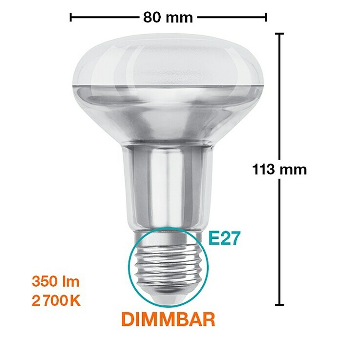 Osram Superstar Bombilla LED R80 (E27, Intensidad regulable, Blanco cálido, 345 lm, 5,9 W) | BAUHAUS