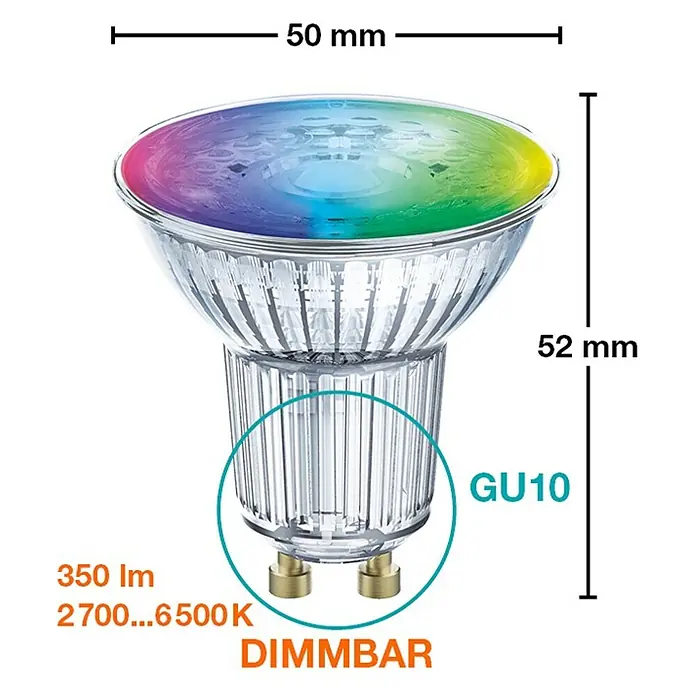 Osram Smart-LED-Lampe Spot - GU10, Dimmbar, RGBW, 350 lm, 5 W - Produktbild einer GU10 LED-Lampe, dimmbar und farbenfroh, mit den Maßen 50 mm x 52 mm.