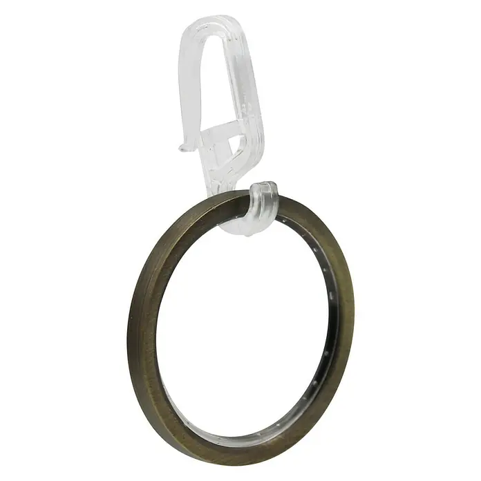 Expo Ambiente Flachring - Brüniert, Geeignet für: Gardinenstangen Ø 20 mm, 10 Stk. - Nahaufnahme eines bronzefarbenen Vorhangrings mit durchsichtigem Clip für Gardinenstangen.