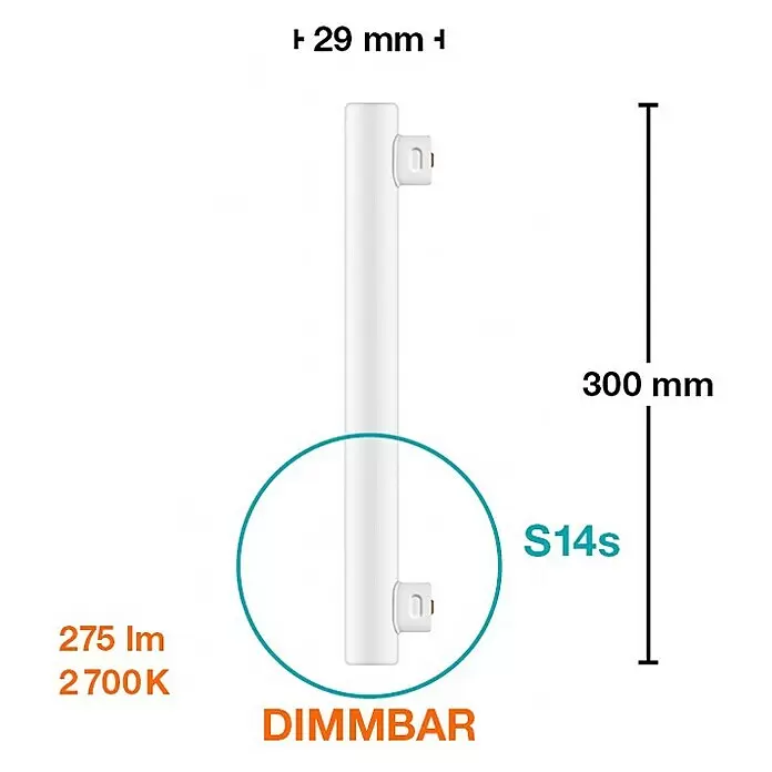Osram Linienlampe LEDinestra - Länge: 300 mm, Warmweiß, 4,5 W, 250 lm, S14s - Weiße dimmbare S14s LED-Stablampe, 300mm lang, 29mm Durchmesser, 275lm 2700K.