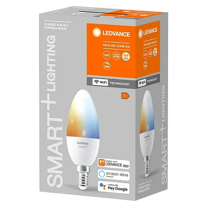 Ledvance Smart+ WiFi Smart-LED-Lampe Candle - E14, Dimmbar, Neutralweiß, 470 lm, 5 W, Farbtemperatur einstellbar: Stufen - LEDVANCE Smart+ Classic B40 E14 tunable white Lampe für intelligente Beleuchtung mit App- und Sprachsteuerung für ein gemütliches Zuhause.