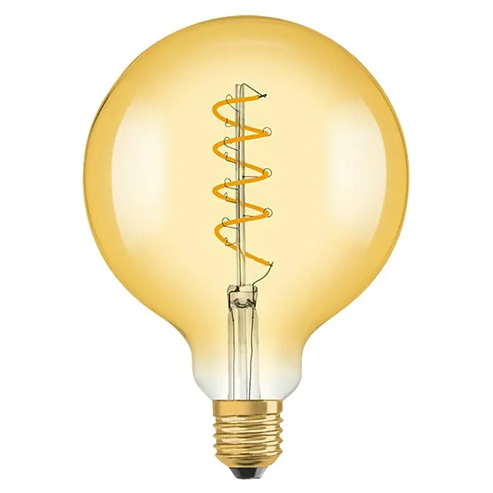 Osram Bombilla LED - E27, No regulable, Blanco cálido, 250 lm, 5 W, G125 - Una bombilla vintage dorada con un filamento en espiral en su interior, que emite una luz cálida y nostálgica.