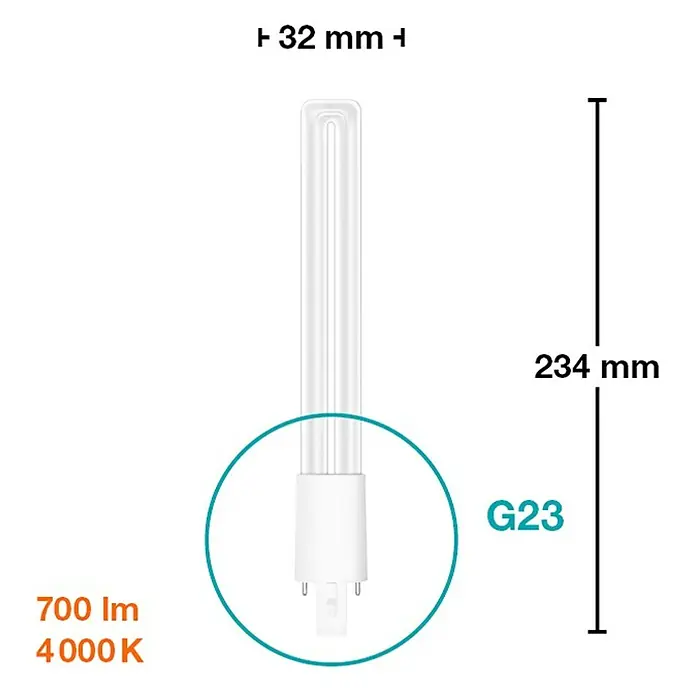 Osram Dulux S LED-Lampe - G23, Nicht Dimmbar, Kaltweiß, 700 lm, 6 W - Produktbild einer Kompaktleuchtstofflampe G23 mit den Maßen 32 mm Breite und 234 mm Höhe, 700 Lumen und 4000K Farbtemperatur.