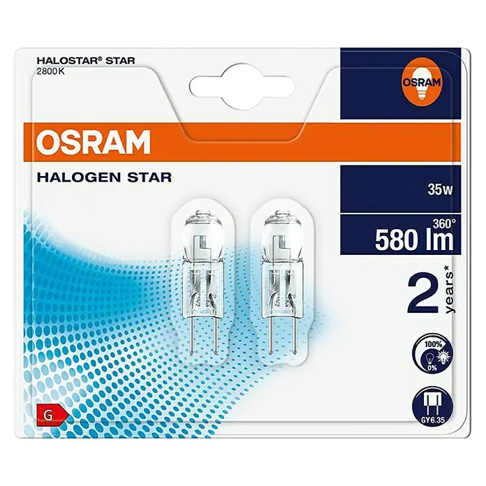 Osram Halogenstiftsockel Halostar Standard - 35 W, GY6,35, Klar, Warmweiß, 2 Stk. - Die OSRAM Halostar Star Halogenlampe mit 35W, 580 Lumen und einer Lebensdauer von 2 Jahren bietet helles Licht für vielfältige Anwendungen.