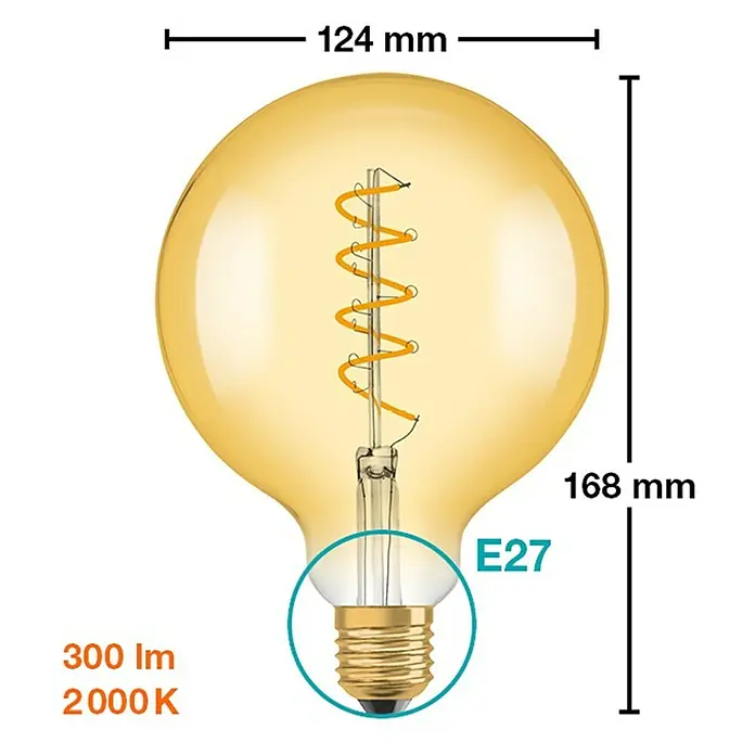 Osram Bombilla LED - E27, No regulable, Blanco cálido, 250 lm, 5 W, G125 - Imagen de una bombilla vintage E27 con un tono dorado, que mide 124 mm x 168 mm.