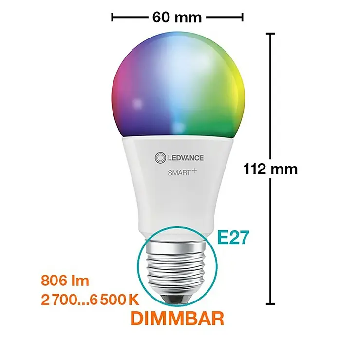 Ledvance Smart-LED-Lampen Set - E27, Dimmbar, RGBW, 806 lm, 9 W - Abbildung einer LEDVANCE Smart+ E27 Lampe mit Farbwiedergabe und den Maßen 60 mm Durchmesser und 112 mm Höhe.
