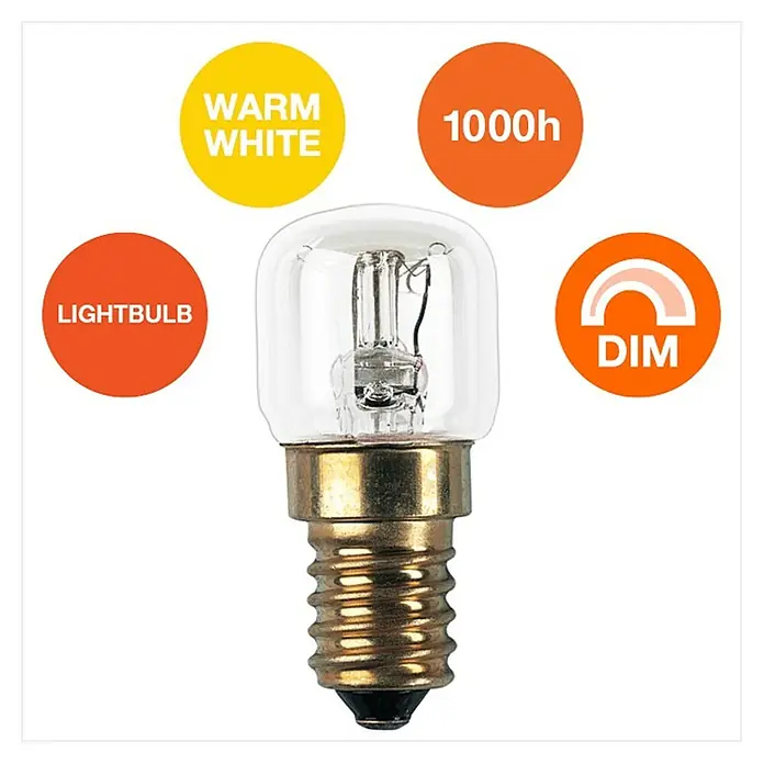Osram Ofenlampe Special Oven P - 15 W, E14, Temperaturbeständig bis: 300 °C - Nahaufnahme einer Glühbirne, die mit 'Warmweiß', '1000h', 'Glühbirne' und 'Dim' gekennzeichnet ist.